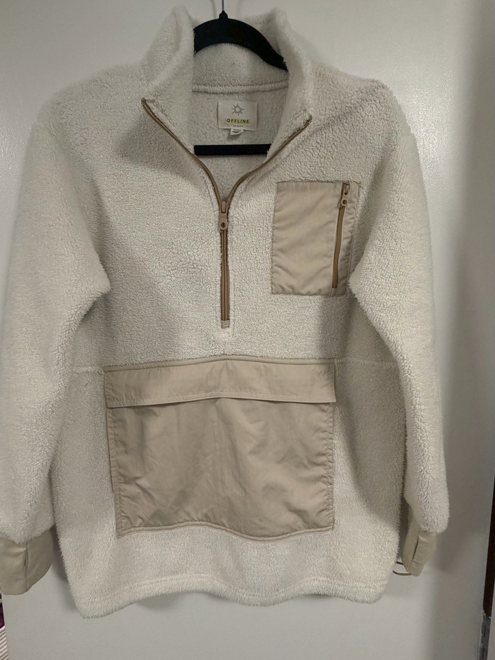 Women's Cream Sherpa Half-Zip Pullover with Tan Pocket Accents